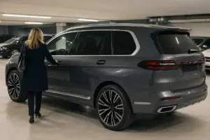 Donna bionda di spalle apre la portiera di un grande SUV grigio scuro in un parcheggio sotterraneo