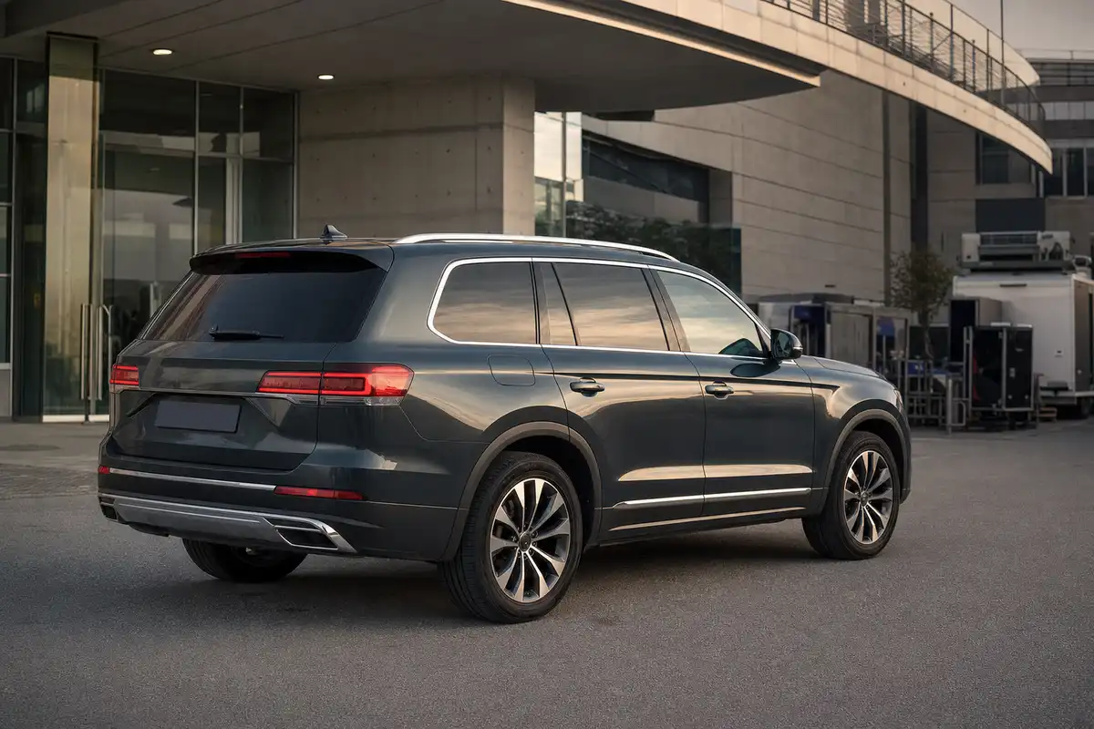 Grande SUV grigio scuro parcheggiato davanti a un edificio moderno con vetrate, ripreso di tre quarti posteriore