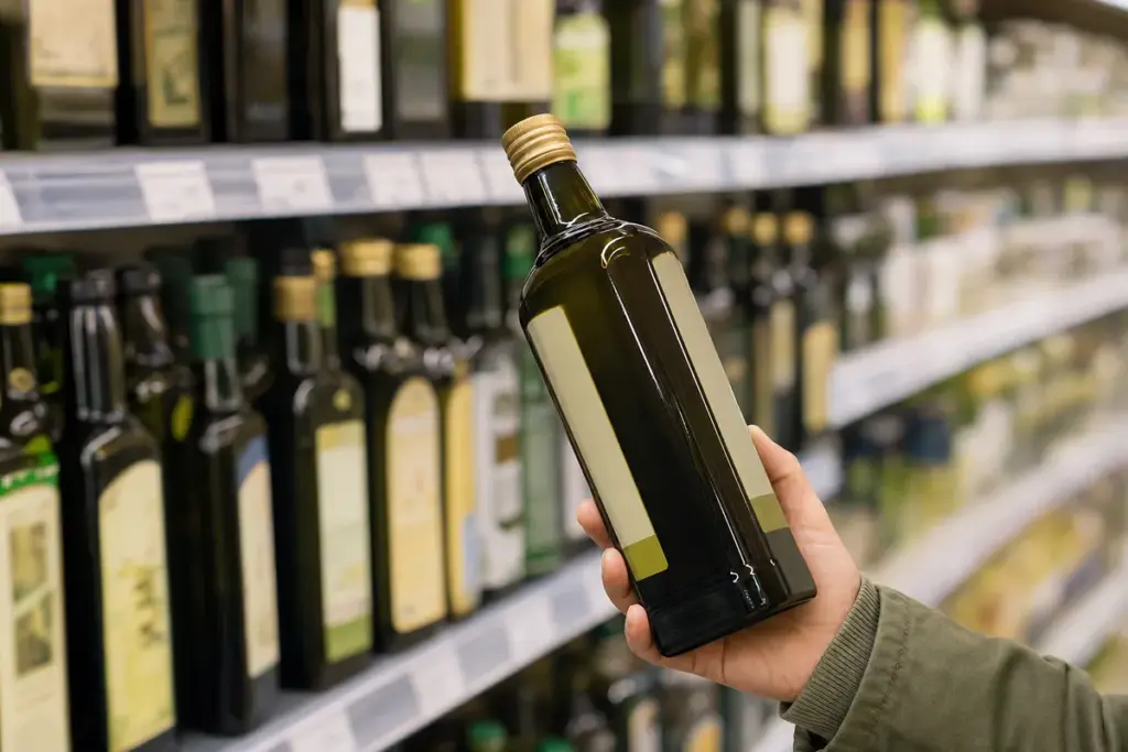 Mano che tiene una bottiglia di olio extravergine davanti allo scaffale del supermercato