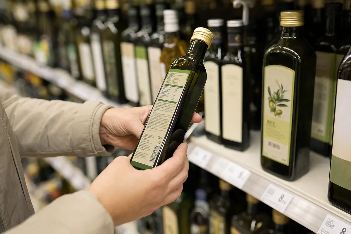 Mani di un cliente che legge l’etichetta sul retro di una bottiglia di olio extravergine nello scaffale del supermercato