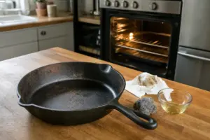 Padella in ghisa con tracce di ruggine su piano in legno, con lana d’acciaio, carta e ciotola d’olio, forno aperto sullo