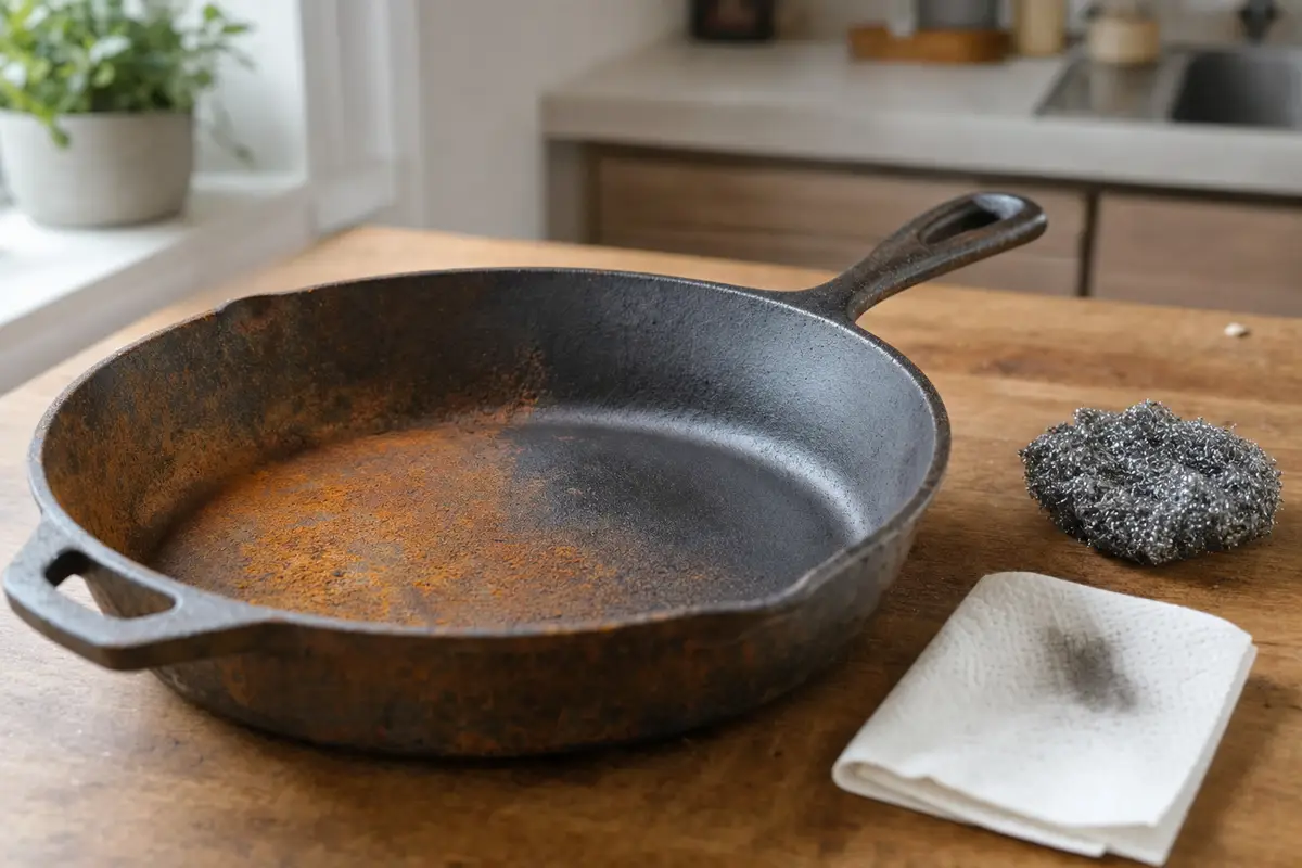 Padella in ghisa con chiazze di ruggine sul fondo, su piano di legno con paglietta d’acciaio e tovagliolo di carta