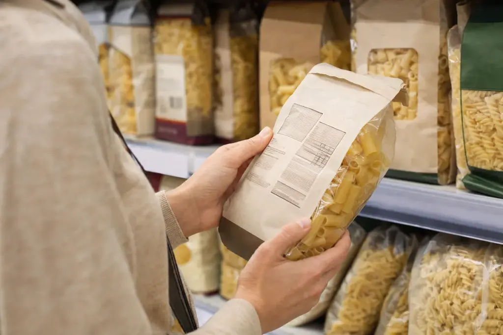 Mani di una persona che legge l’etichetta sul retro di un pacco di pasta in corsia supermercato
