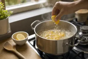 Mano che spreme uno spicchio di limone su una pentola d’acqua bollente con pasta corta sul fornello