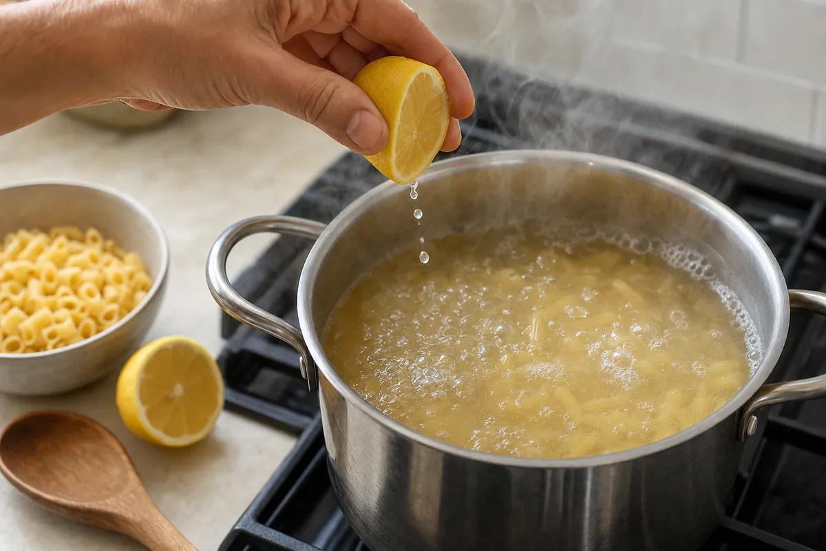 Mano che spremere limone sopra una pentola di pasta in ebollizione, con vapore e ciotola di pasta cruda sul piano