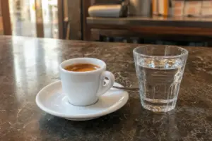 Tazzina di espresso su piattino con cucchiaino e bicchiere d’acqua su un bancone di marmo