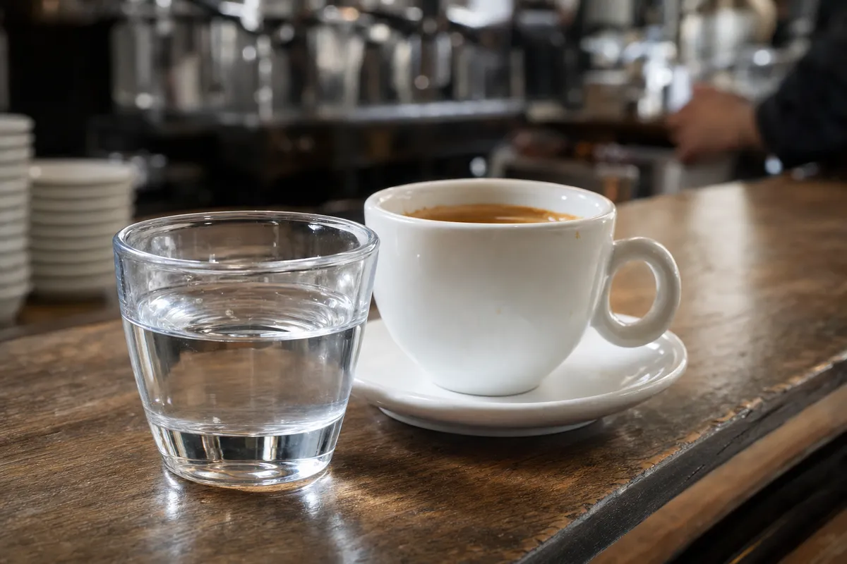 Bicchiere d’acqua e tazzina di espresso su bancone di legno, con bar sfocato sullo sfondo