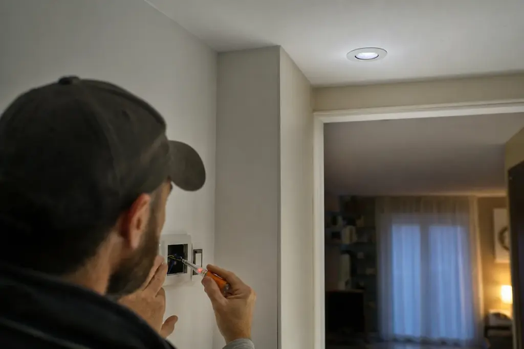 Elettricista controlla un interruttore aperto con cercafase mentre un faretto LED a soffitto resta debolmente acceso