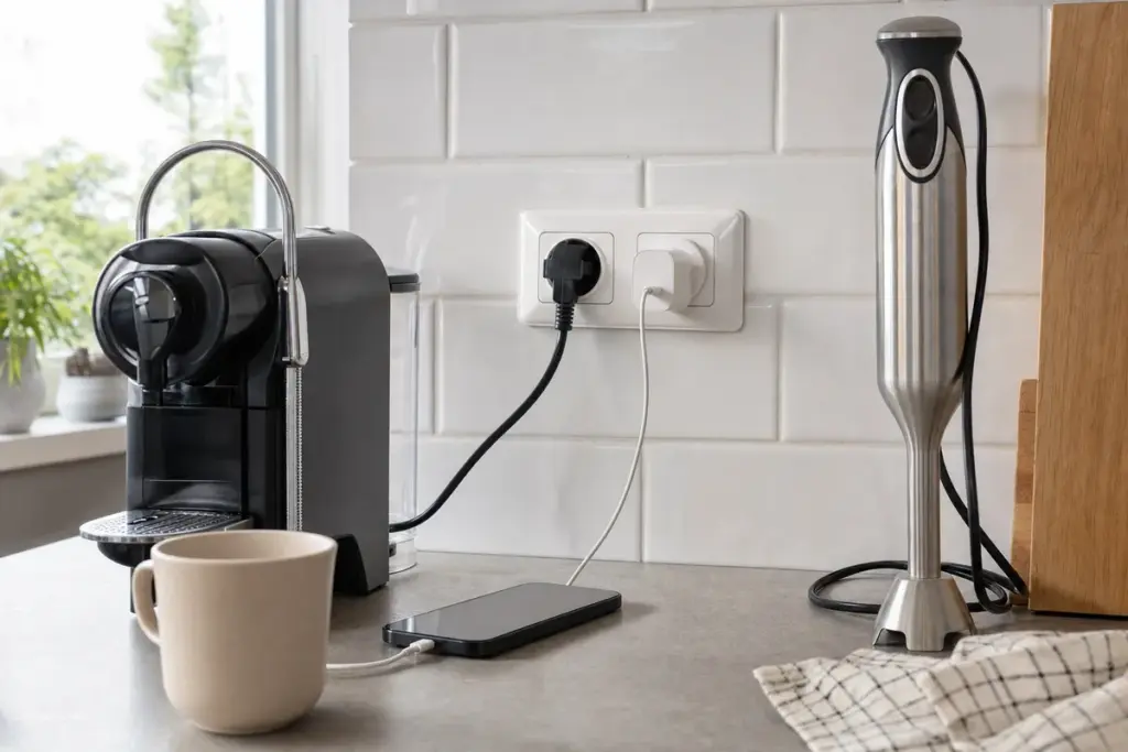 Presa elettrica doppia in cucina con macchina del caffè e caricatore del telefono collegati
