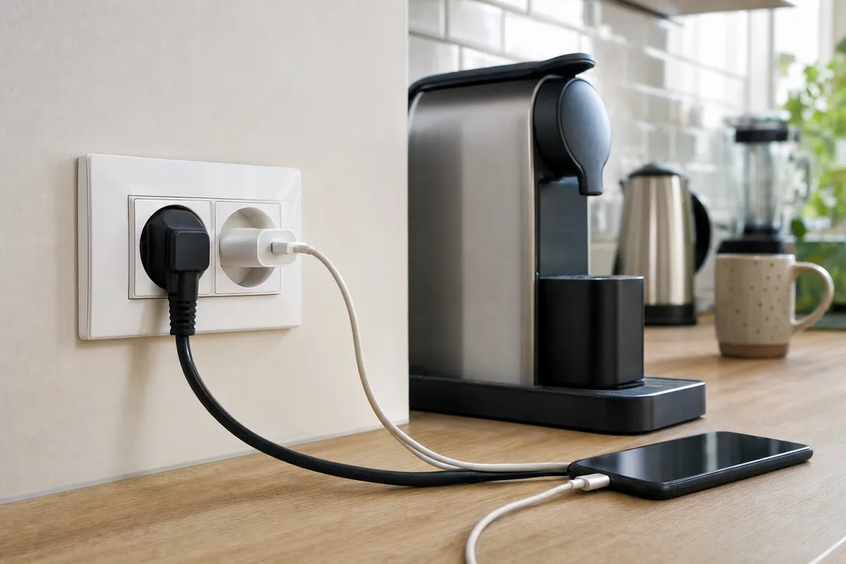 Presa doppia a parete in cucina con spina della macchina del caffè e caricatore del telefono collegati
