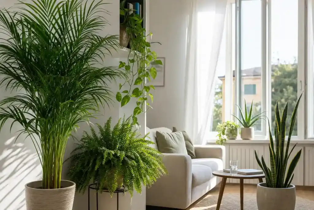 Soggiorno luminoso con piante da interno vicino alla finestra: palma areca, felce, pothos, aloe e sansevieria