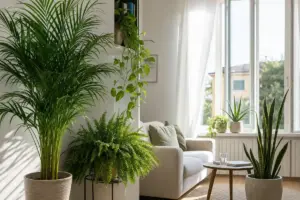 Soggiorno luminoso con piante da interno vicino alla finestra: palma areca, felce, pothos, aloe e sansevieria