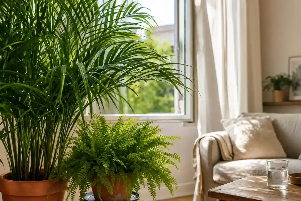 Palma Areca e felce di Boston vicino a una finestra aperta in soggiorno luminoso, con bicchiere d’acqua sul tavolo