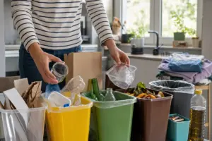 Mani che separano vetro e plastica davanti a bidoni per raccolta differenziata in cucina, con pile e olio esausto