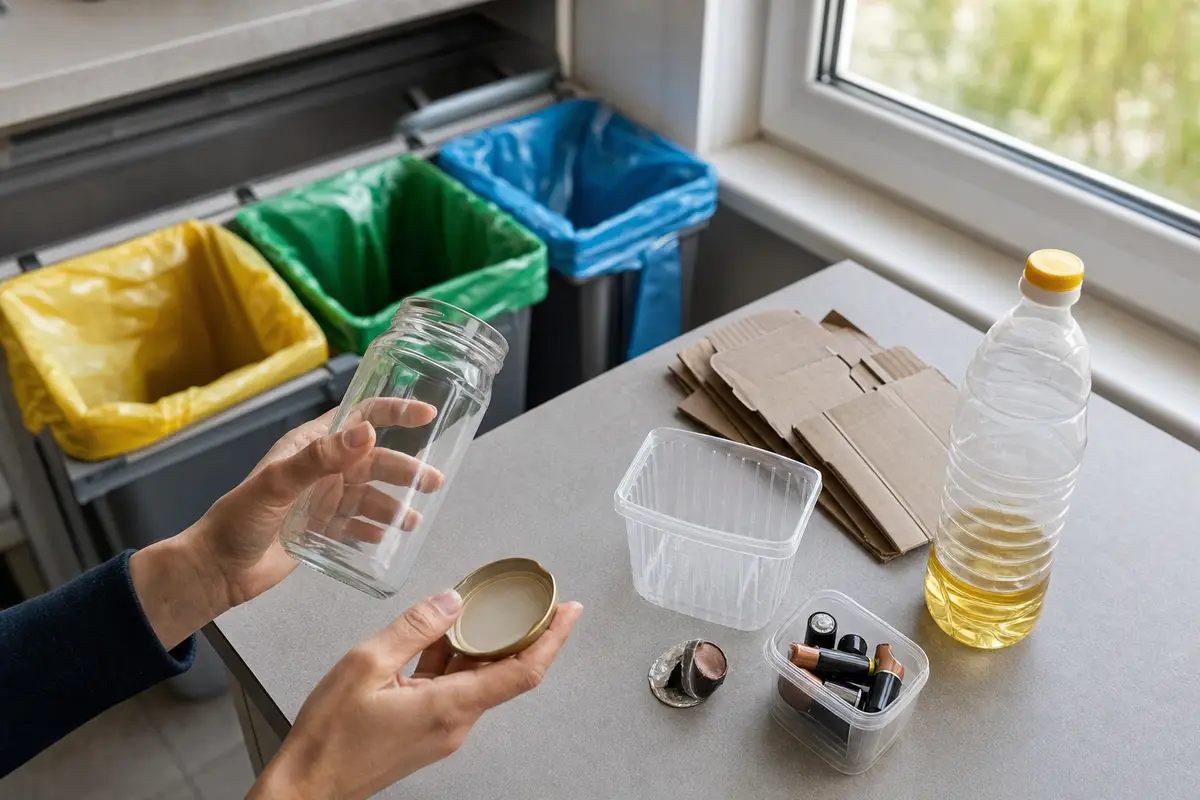 Mani che separano barattolo di vetro e tappo metallico accanto a cartone, plastica, pile usate e bottiglia d’olio