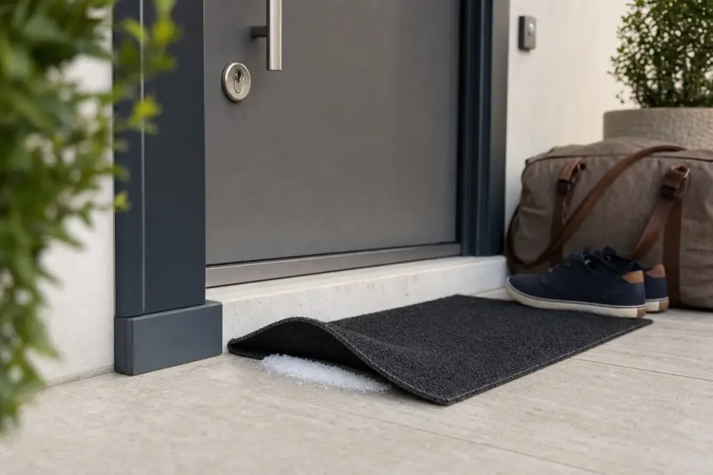 Zerbino sollevato con sale grosso sotto la soglia davanti a una porta d’ingresso, con scarpe e borsa da weekend