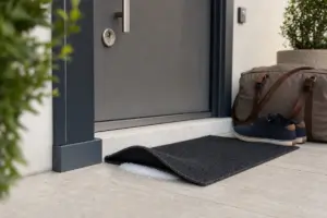 Zerbino sollevato con sale grosso sotto la soglia davanti a una porta d’ingresso, con scarpe e borsa da weekend