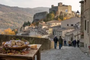 Via acciottolata con persone in cammino, case in pietra e rocca sul colle; tavolo con cesto di tartufi e formaggio