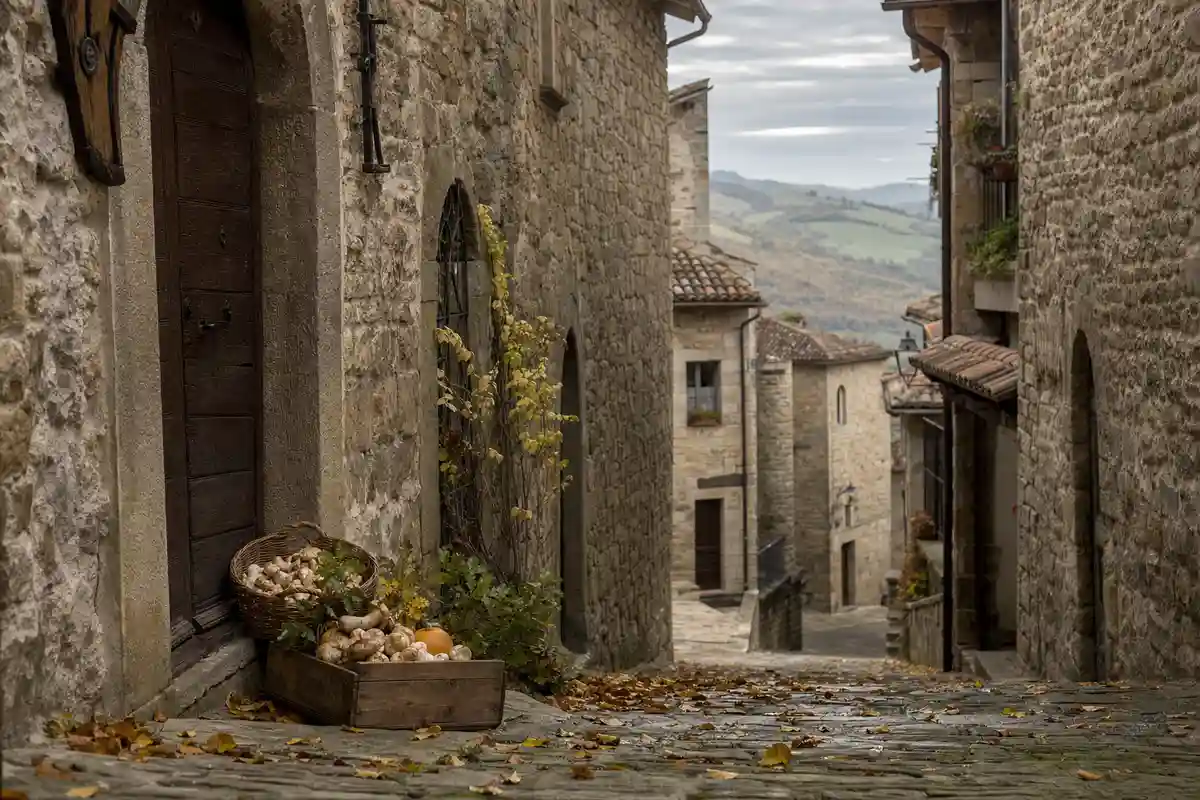 Vicolo medievale in pietra con foglie d’autunno e ceste di funghi, sullo sfondo colline del Montefeltro