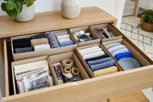 Cassetto in legno organizzato con scatole di cartone: calzini, cavi, penne, foto, nastri e coperchi di contenitori