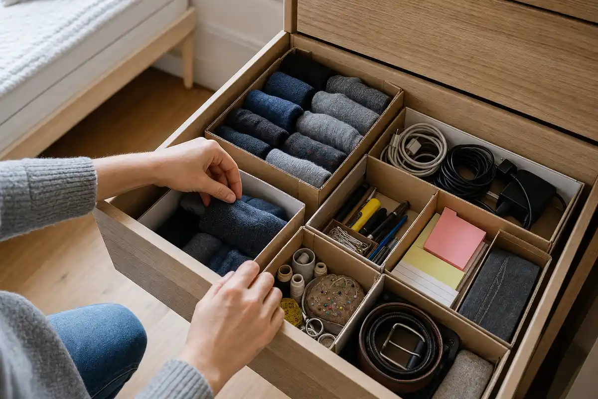 Cassetto in legno ordinato con divisori in cartone tipo scatole da scarpe, calzini, cavi, cancelleria e accessori
