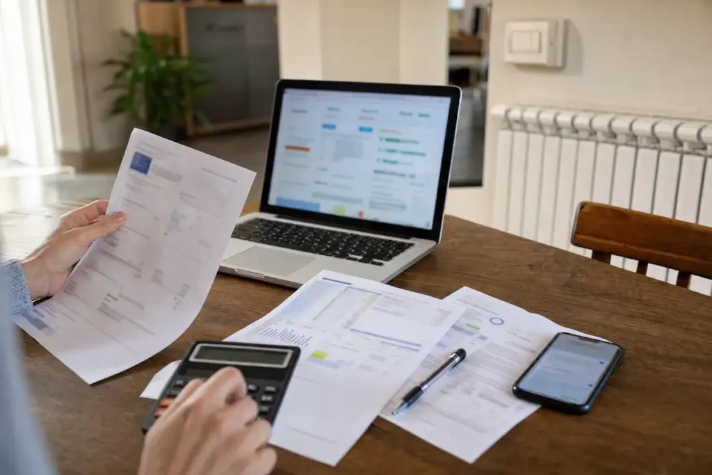 Bollette di luce e gas su un tavolo con calcolatrice, laptop per confronto tariffe e smartphone, con termosifone sullo sfondo