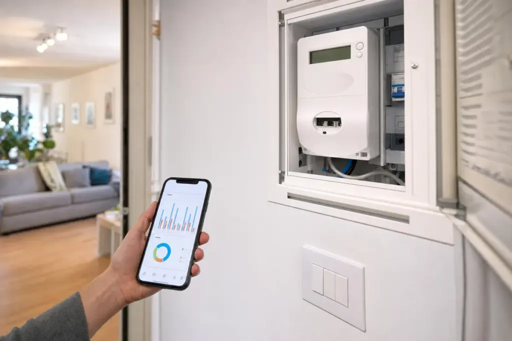 Mano con smartphone e grafici dei consumi davanti a un contatore elettrico digitale in un quadro a muro