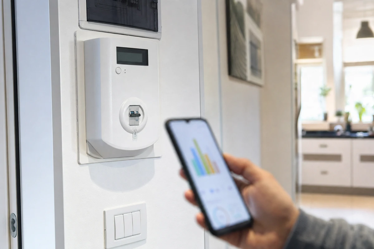 Contatore elettrico digitale su parete con mano che controlla i consumi su smartphone in un appartamento
