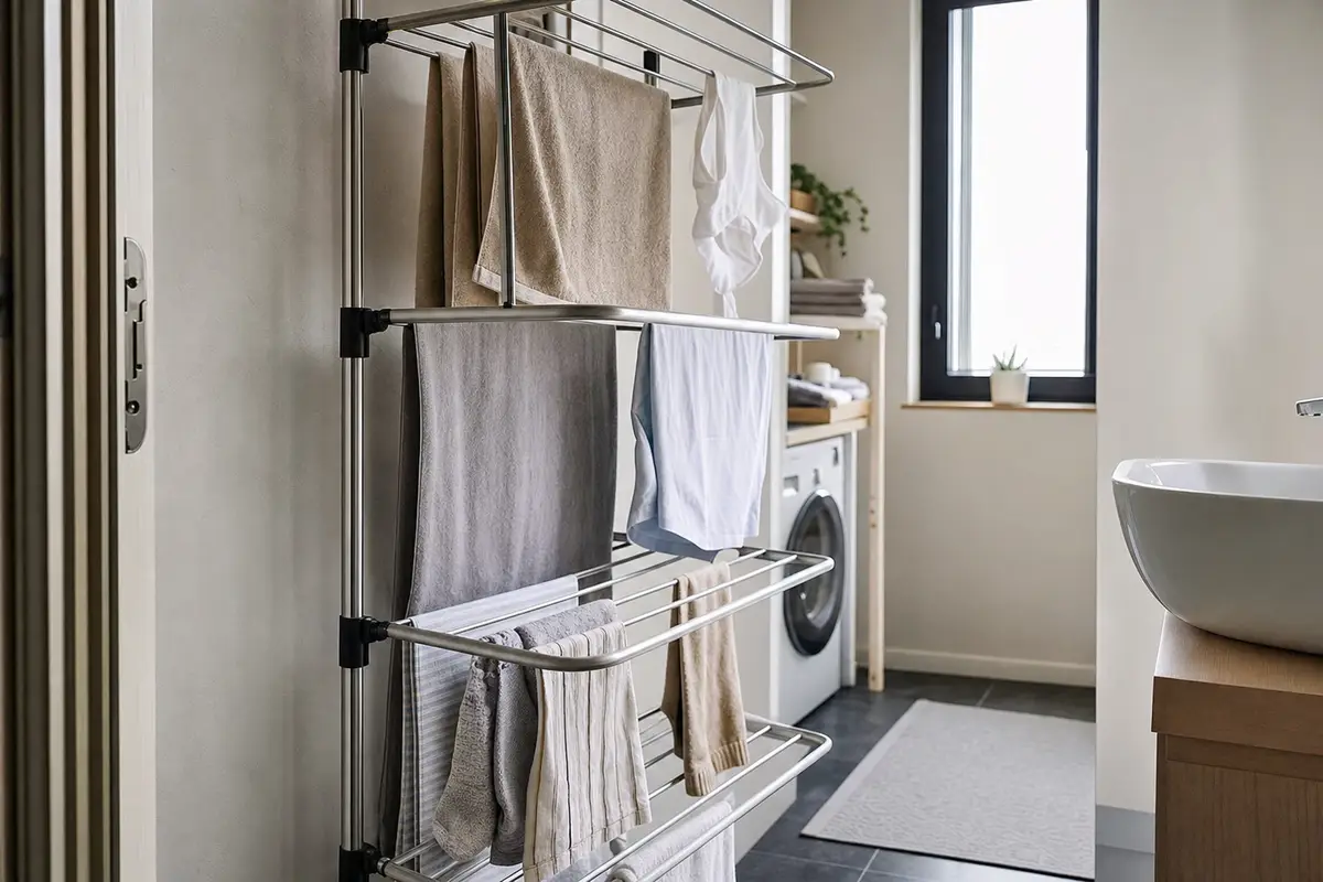 Stendibiancheria verticale salvaspazio con asciugamani e magliette in un piccolo bagno con lavatrice e finestra