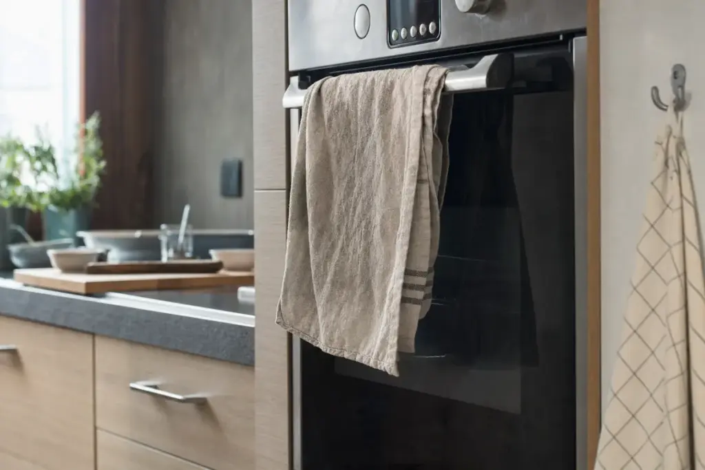 Strofinaccio beige appeso alla maniglia del forno in una cucina moderna, con lavello e piano lavoro sullo sfondo