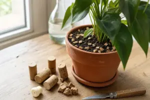 Vaso in terracotta con pianta verde e pezzetti di sughero sul terriccio, tappi sul tavolo e un tappo sintetico