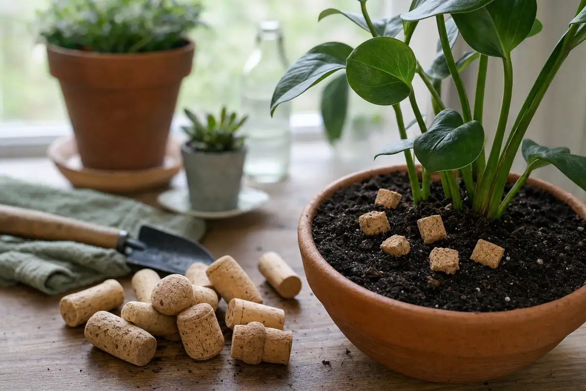 Pezzi di tappo di sughero sul terriccio di una pianta in vaso, con altri tappi e una paletta da giardinaggio sul tavolo