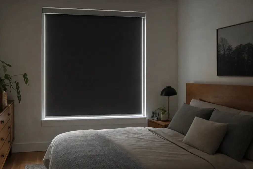 Camera da letto moderna con tenda oscurante a rullo nera in finestra, con sottili guide laterali e luce ai bordi