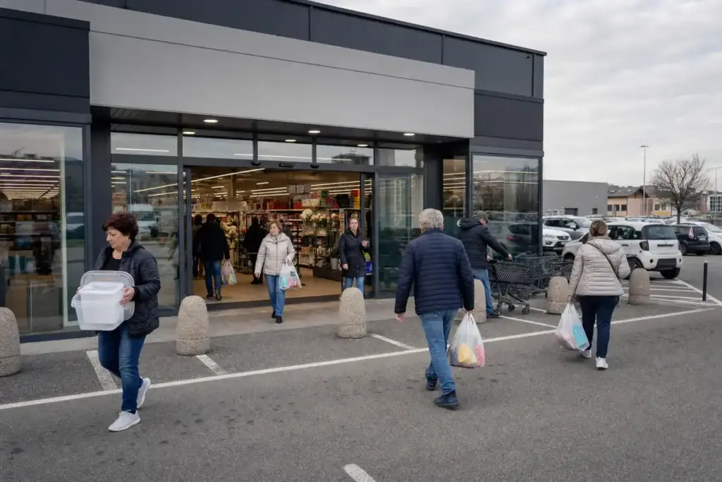 Clienti escono da un discount non food con sacchetti e una scatola di plastica, davanti all’ingresso e al parcheggio