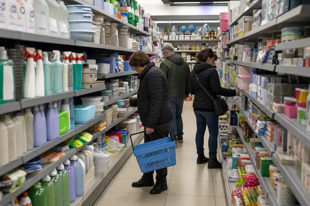 Clienti in un discount non food tra scaffali di detersivi, contenitori in plastica e piccoli articoli per la casa