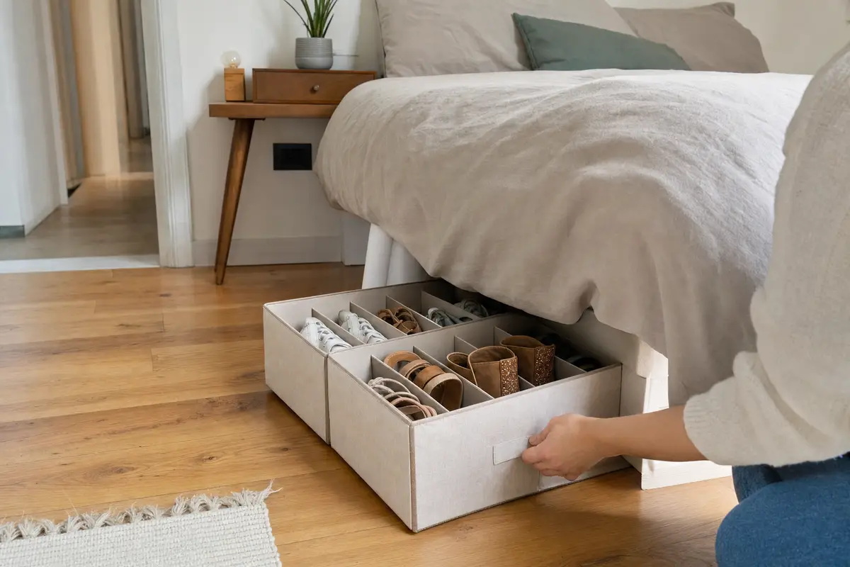 Contenitore sottoletto con divisori e scarpe ordinate, tirato fuori da sotto un letto in una camera moderna