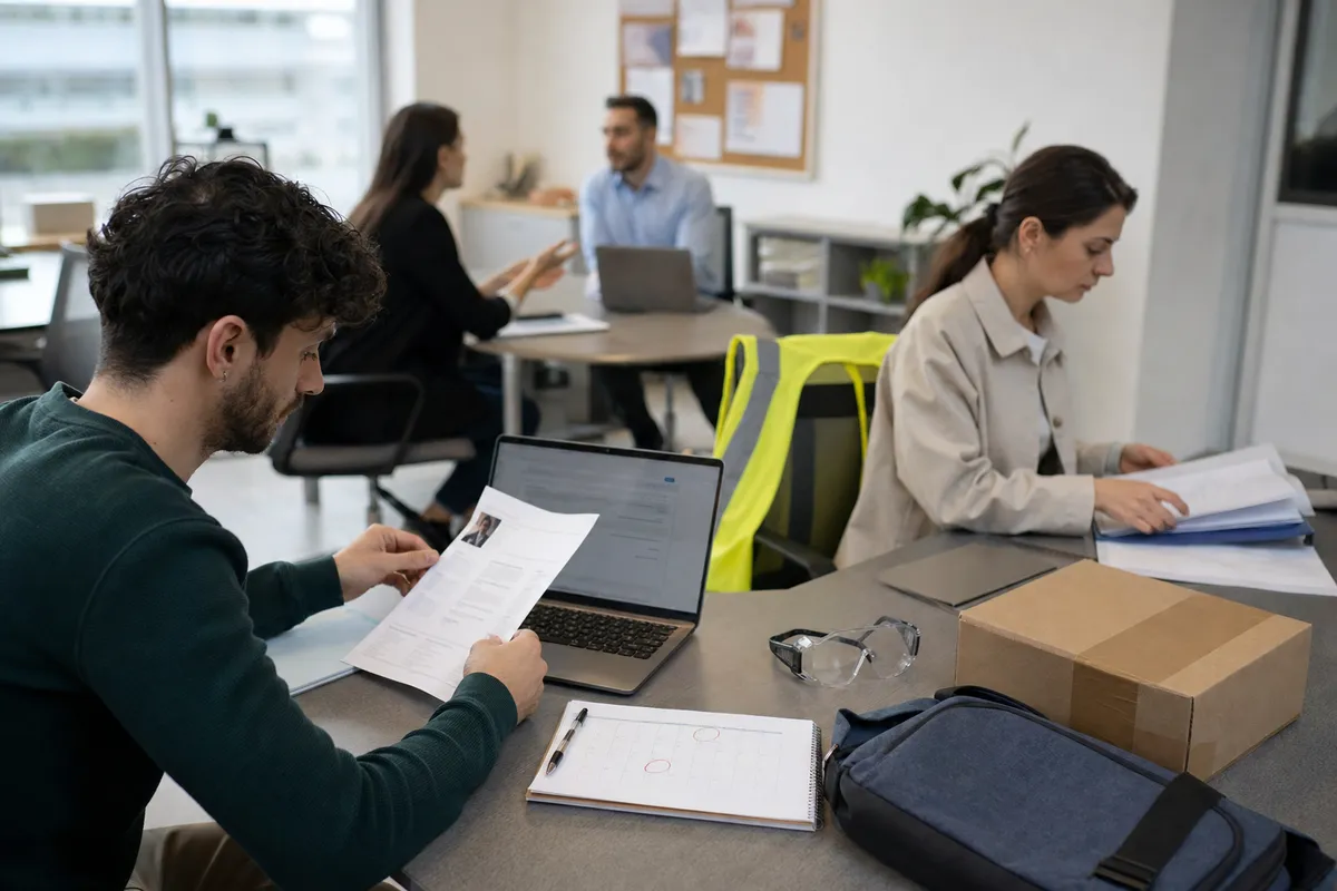 Candidati in ufficio mentre preparano CV e domande di lavoro con laptop, documenti e calendario con date cerchiate