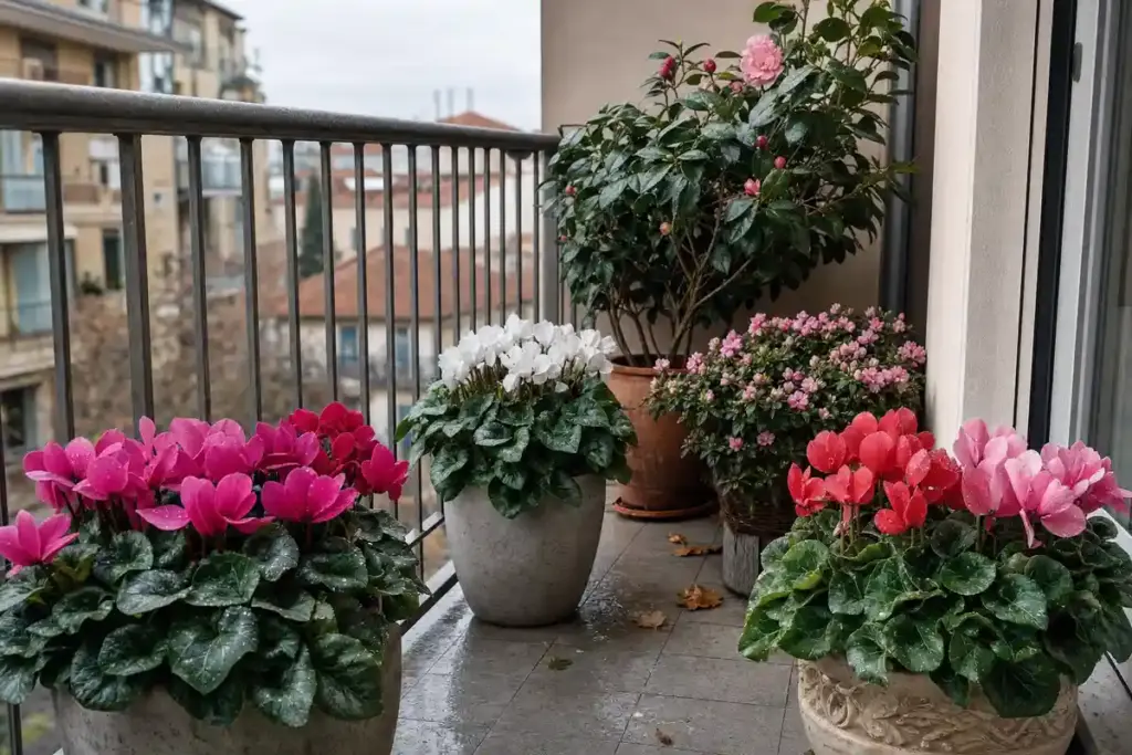 Balcone invernale con vasi di ciclamini rosa e rossi, azalea e camelia in fiore su pavimento bagnato