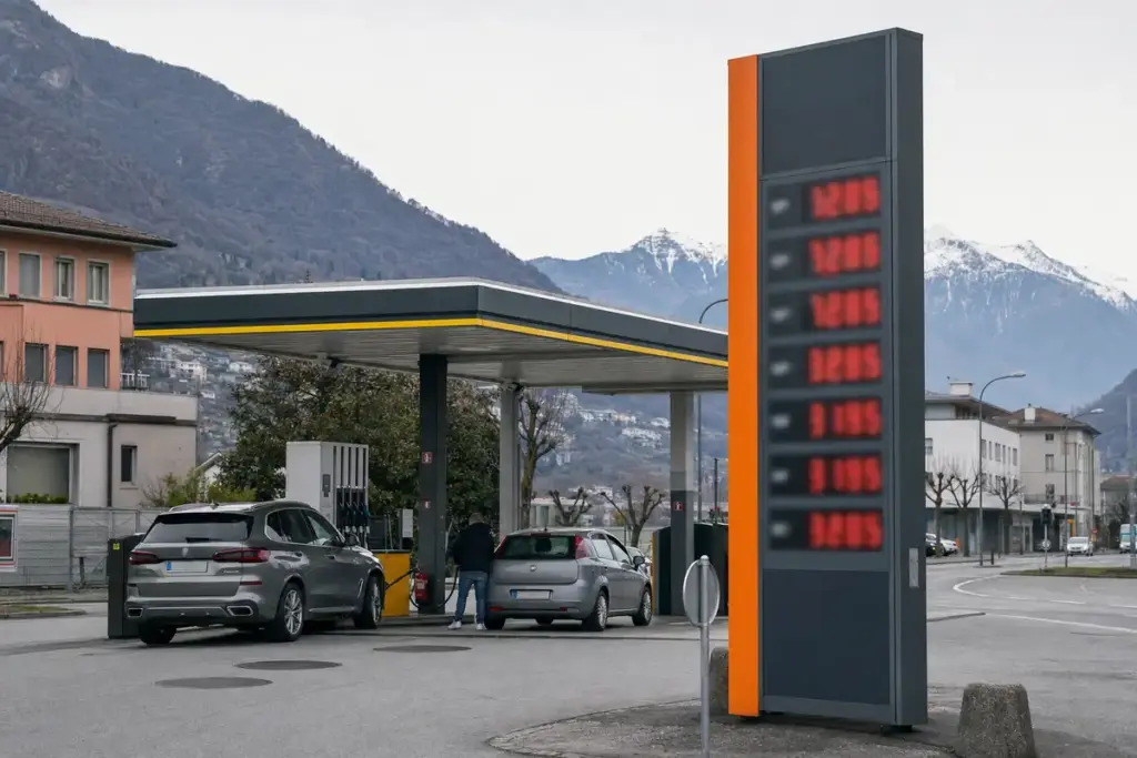 Stazione di servizio self-service con due auto in rifornimento e grande totem prezzi sfocato, montagne sullo sfondo