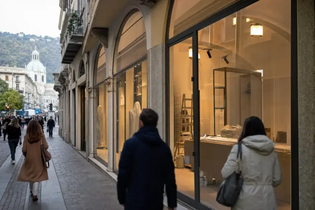 Portici nel centro di Como con vetrine illuminate di un negozio in allestimento e passanti sul marciapiede