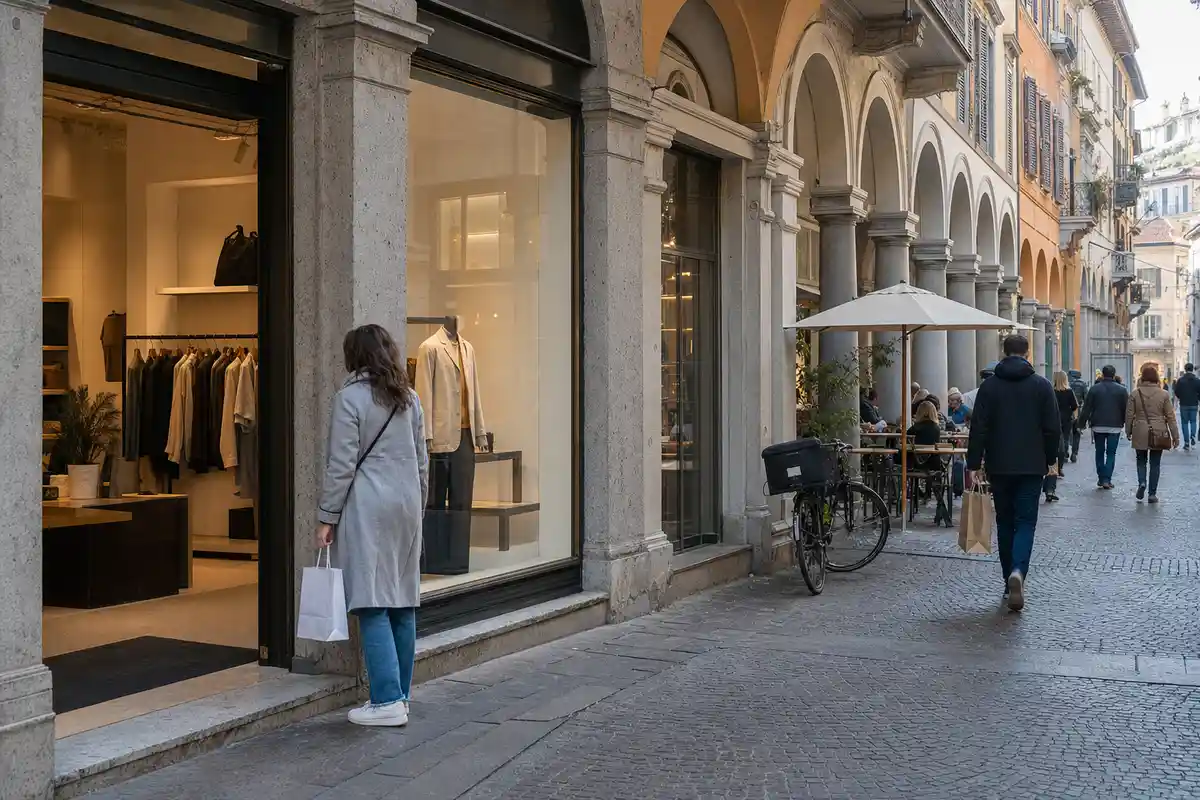 Vetrina di negozio sotto i portici nel centro storico, con passanti, tavolini di un bar e bici parcheggiata