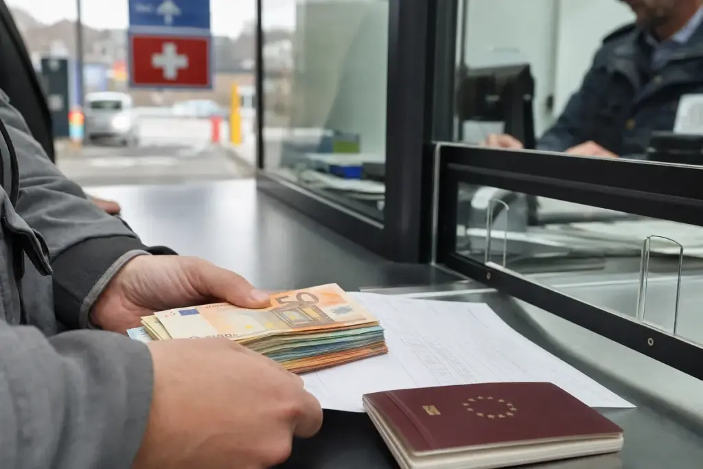 Mani che appoggiano mazzette di banconote in euro e un passaporto su un banco doganale con documenti