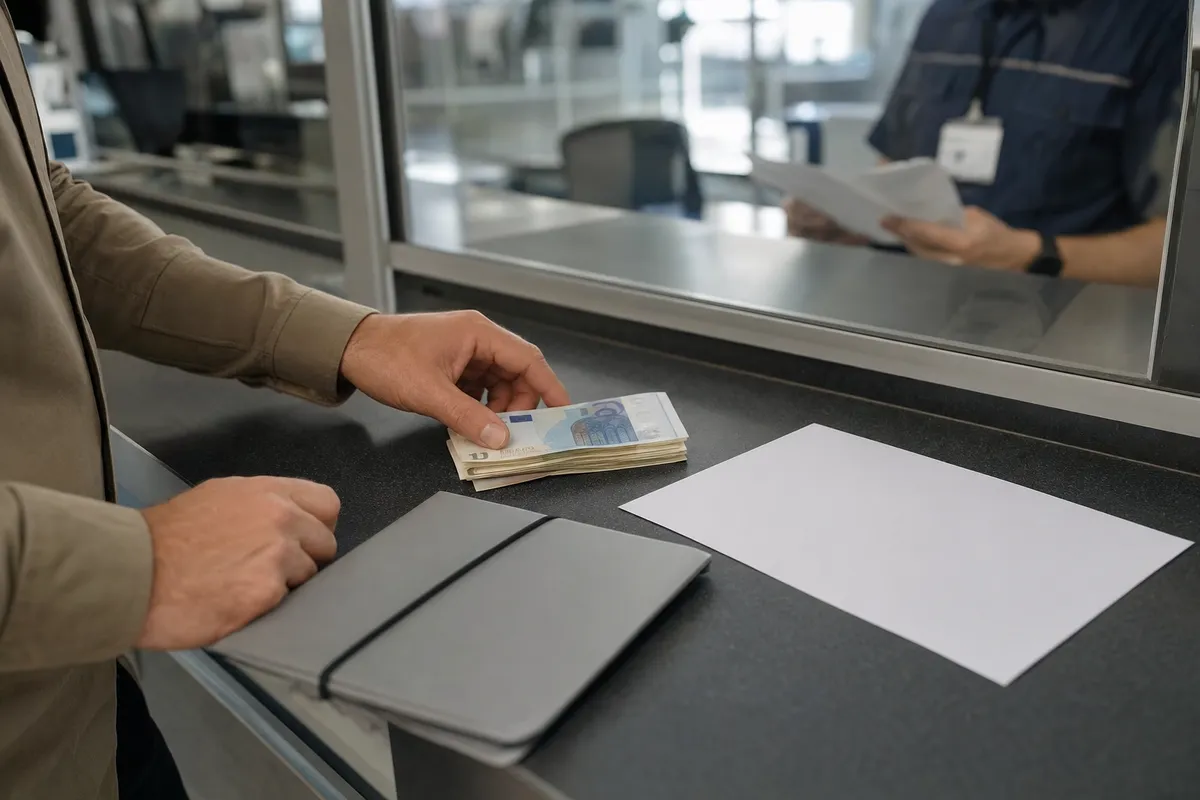 Mani di un viaggiatore con banconote in euro e modulo bianco su banco di controllo doganale