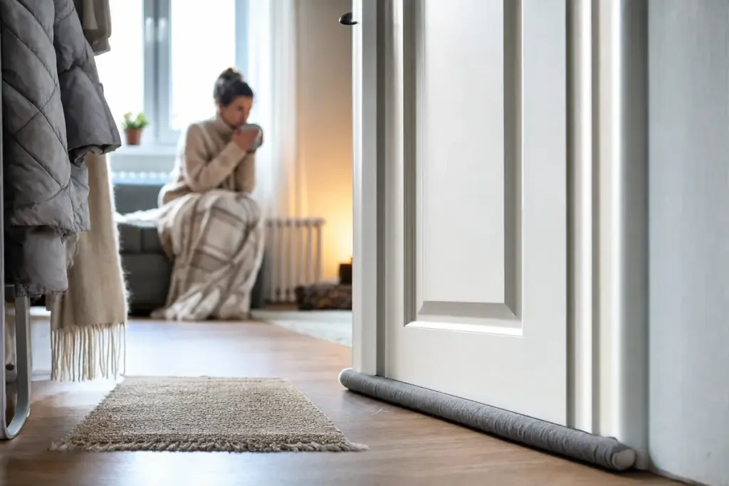 Paraspifferi grigio sotto una porta bianca, con donna seduta sul divano con coperta e tazza sullo sfondo