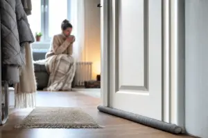 Paraspifferi grigio sotto una porta bianca, con donna seduta sul divano con coperta e tazza sullo sfondo
