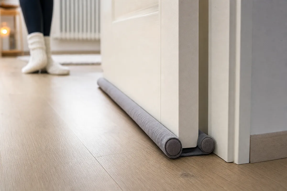 Paraspifferi doppio sotto una porta interna su pavimento in legno, con persona in calze sullo sfondo sfocato