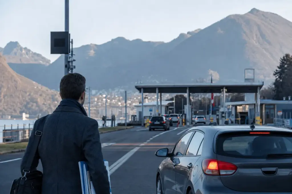 Pendolare con cartelle e borsa vicino a un valico di confine, con auto in coda e montagne sullo sfondo