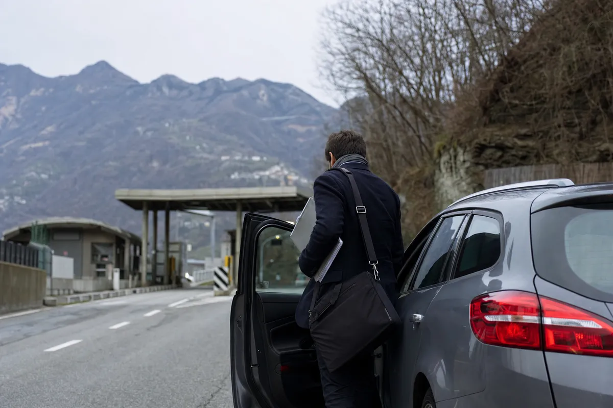 Pendolare con borsa e documenti entra in auto vicino a un valico di confine, con montagne sullo sfondo
