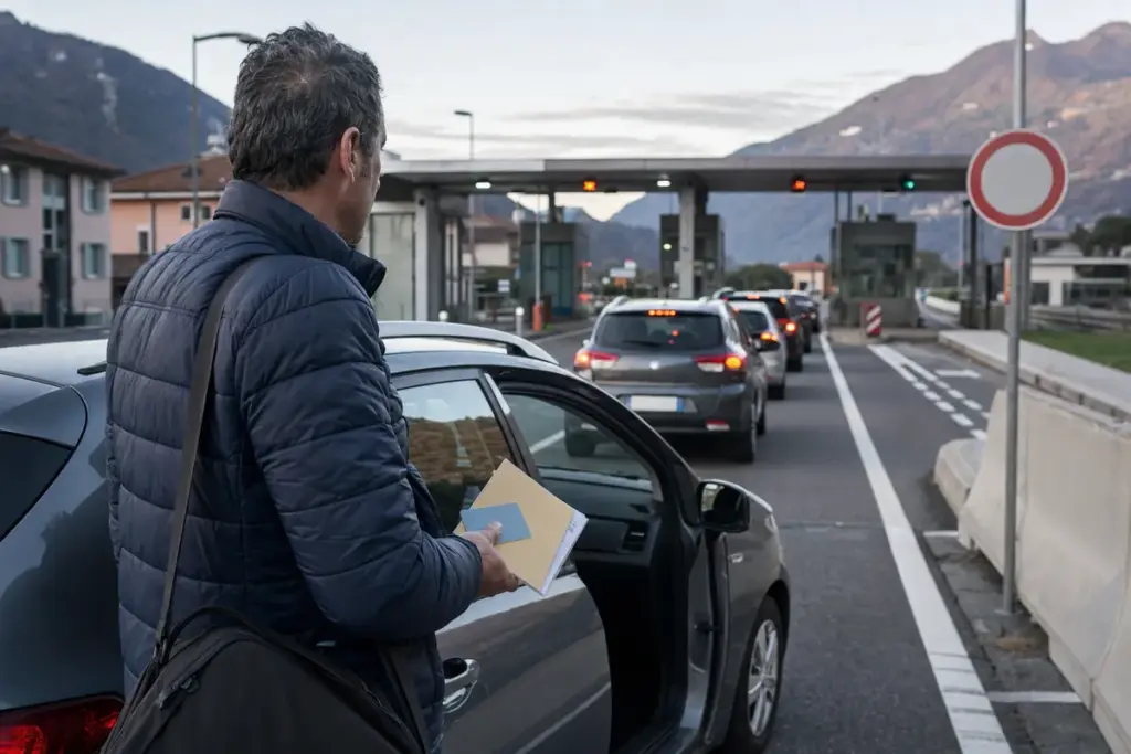Pendolare al valico di confine con auto in coda, documenti in mano e posto di controllo sullo sfondo