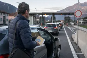 Pendolare al valico di confine con auto in coda, documenti in mano e posto di controllo sullo sfondo